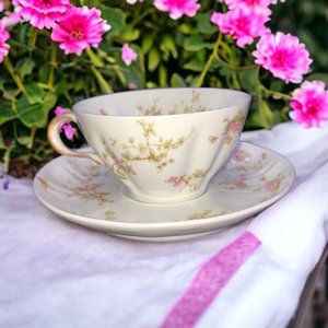 Antique Haviland Limoges France Pink Floral Tea Cup and Saucer